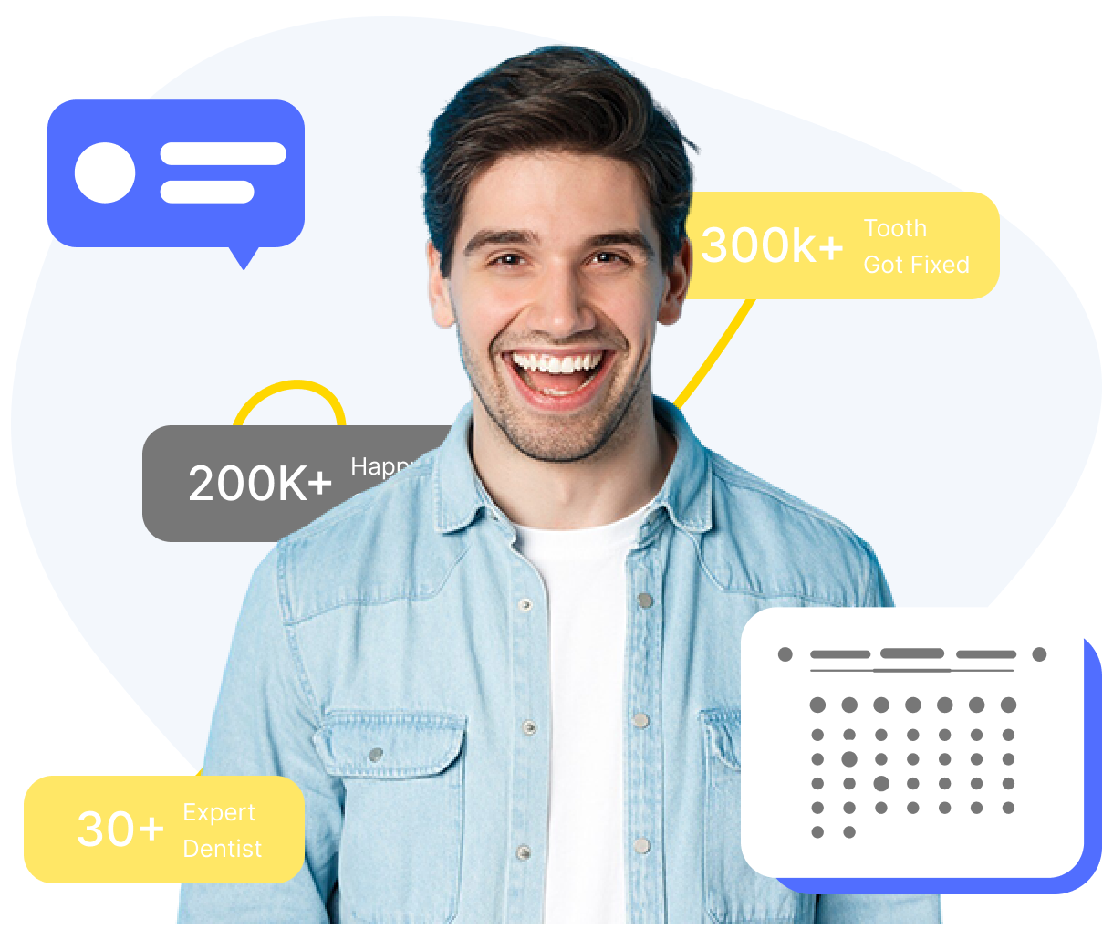 Smiling patient with clinic stats: 300k+ teeth fixed, 200k+ happy patients, 30+ expert dentists